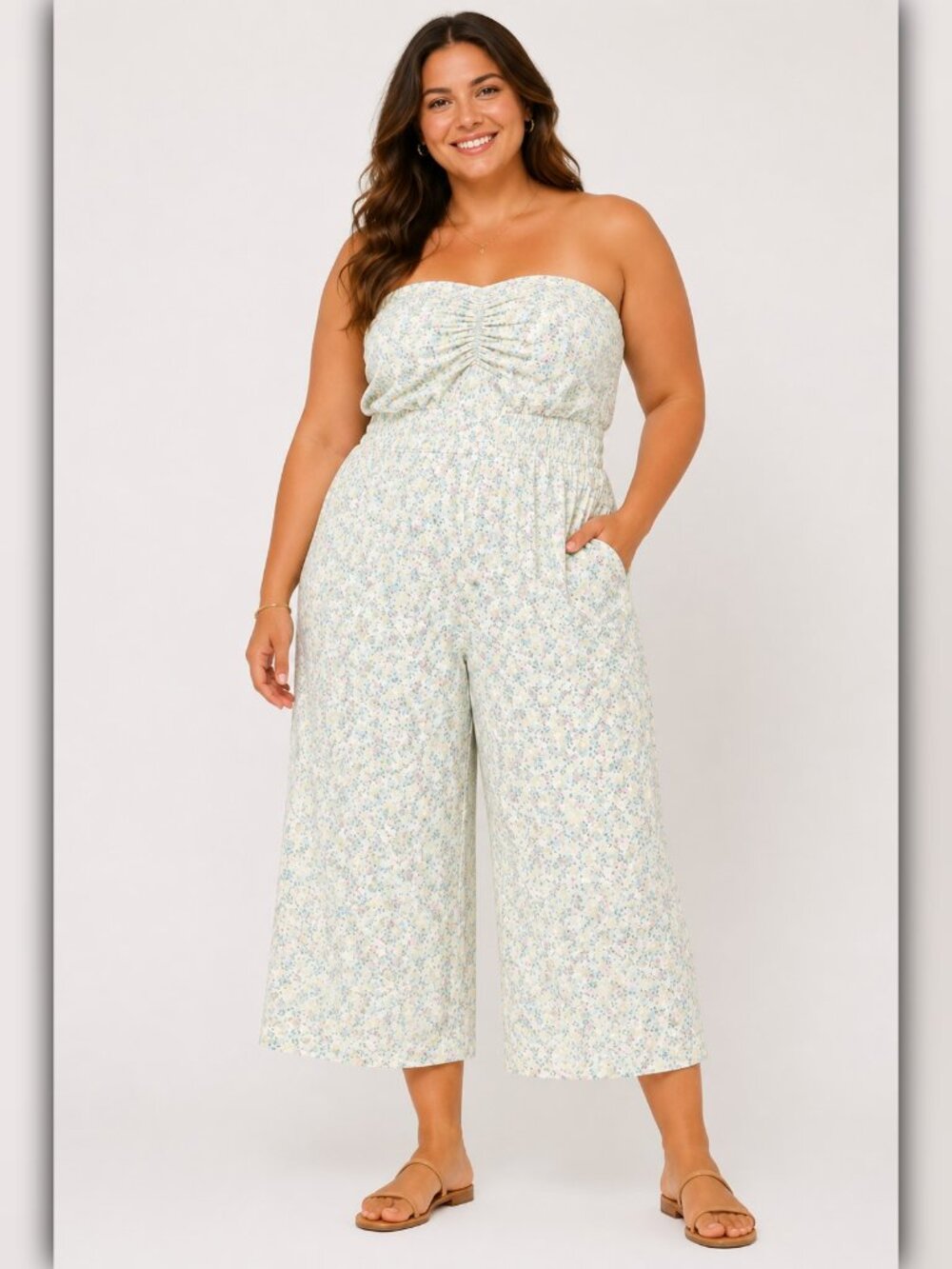 A199 • Mint Floral Strapless Wide Leg Jumpsuit